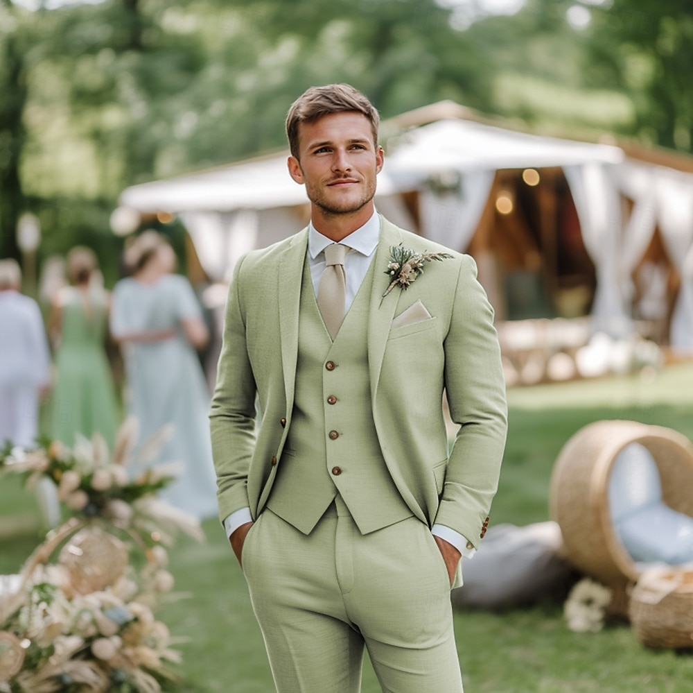 Herren Hochzeit Leinenanzüge Himmelblau Salbei Mode Formell Einfarbig Standard Passform 3-teilig Einreihige Zwei-Knopf-Jacke 2025 - $139.99 –P1