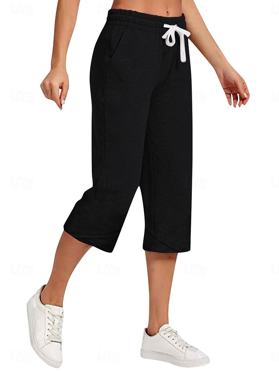 Women's Cotton Linen Pants Capri Pants Solid Color Chinos Basic Casual Calf-Length High Waist Plain Pocket Drawstring Comfort Outdoor Micro-elastic Vacation Street Daily Black White Red Apricot 2025 - $19.99 –P5
