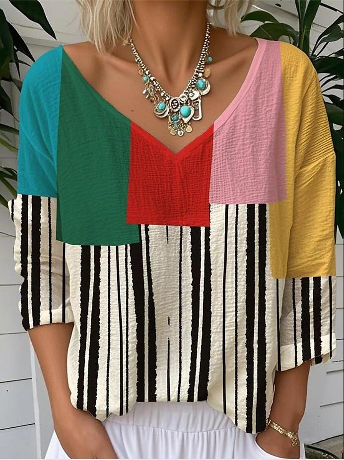 Dames Blouse Grafisch Geometrisch Gestreept Elegant Tropisch Dagelijks 3/4 mouw V-hals Normale tops Dagelijks Zwart blauw Regenboog Zomer Lente 2025 - $24.99 –P2