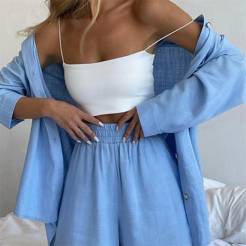 Women's Fashion Streetwear Shirt Cotton Linen Sets Two Piece Sets Long Sleeve Shirt Collar Plain Daily Wear Date White Blue Green Summer Regular Fit 2025 - $36.99 –P1