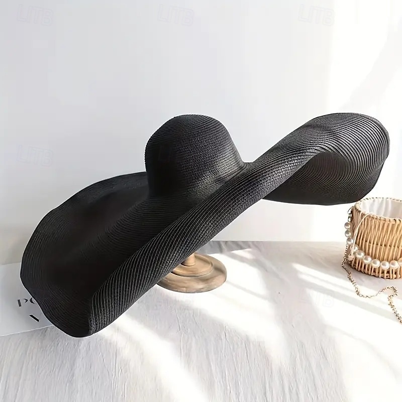 Ladies Extra Wide Brimmed Straw Sun Hat - Foldable UV Protected Black Textured Design Perfect for Beach Vacations Travel and Photography 2025 - $37.99 –P3