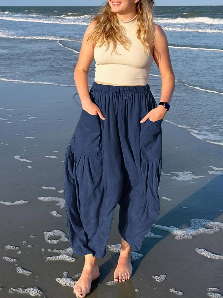 Pantalones baggy de chinos de pierna ancha para mujer Básicos Casual Largos Cintura alta Sencillos Con bolsillo Cinturilla elástica Cómodos Suaves Confortables Micro-elástico Exterior Calle Diaria 2025 - $26.99 –P4