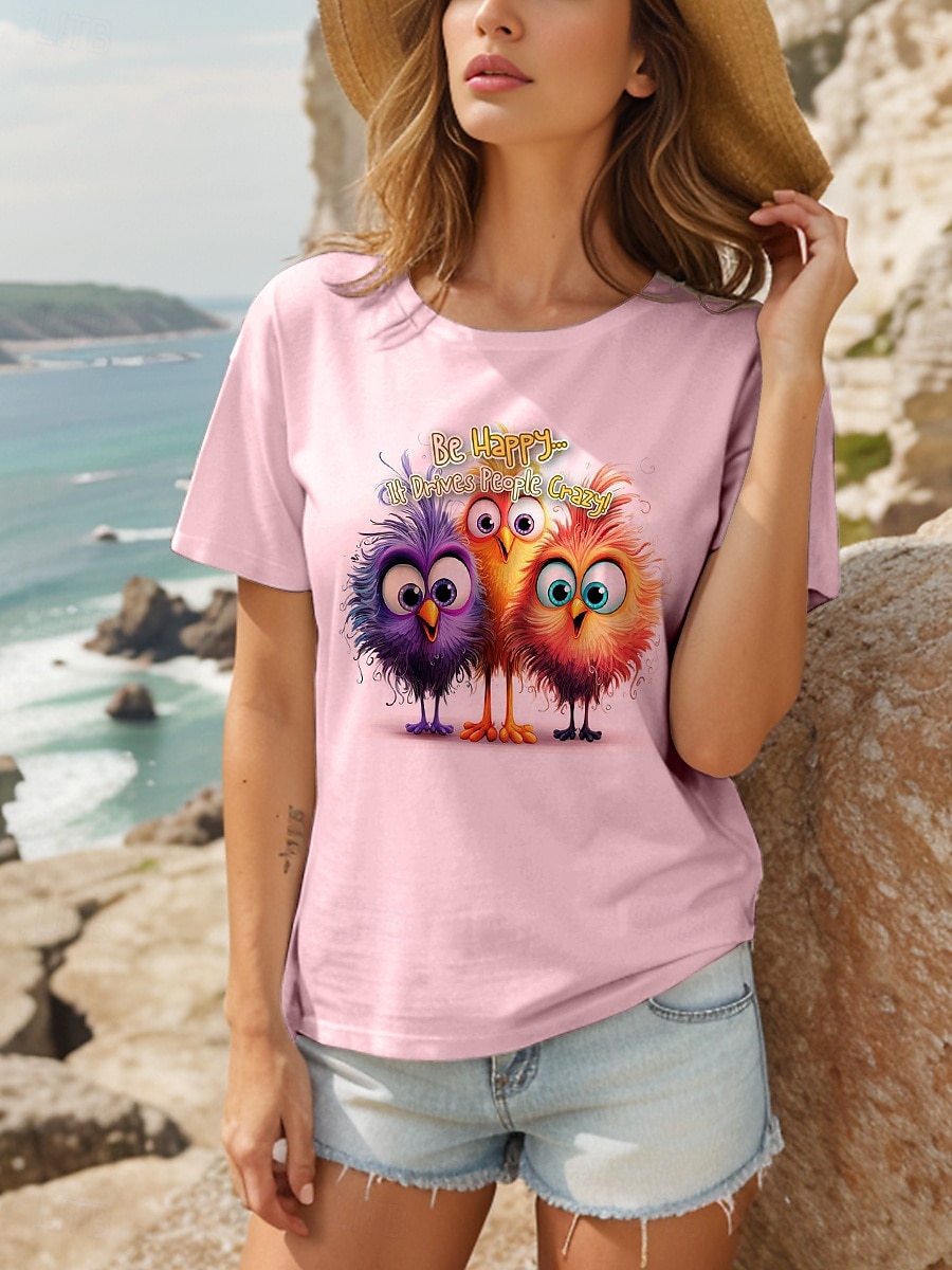 Dame T skjorte Grafisk Dyr Fugl Årgang Stilfull Klassisk Kortermet Crew-hals Rund hals Vanlige topper Daglig Trykt mønster Hvit Rosa Lyseblå Sommer Vår 2025 - $19.99 –P4