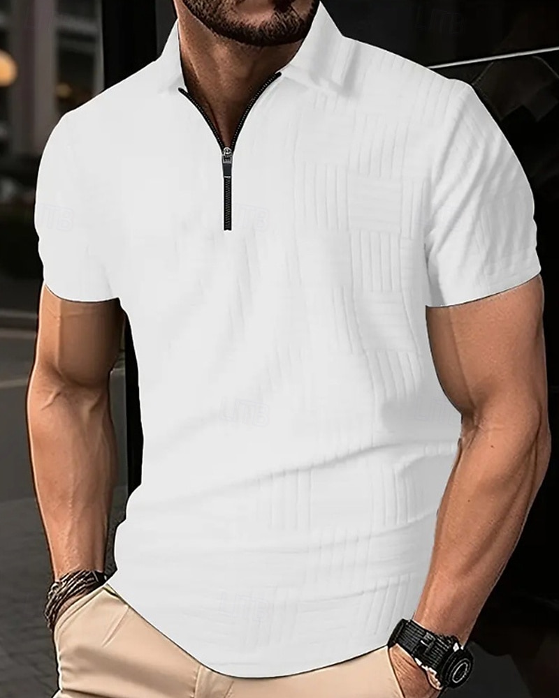 Men's Quarter Zip Polo Golf Shirt Daily Holiday Lapel Short Sleeve Fashion Basic Plain Jacquard Summer Regular Fit Black White Sky Blue Khaki Quarter Zip Polo 2025 - $20.99 –P15