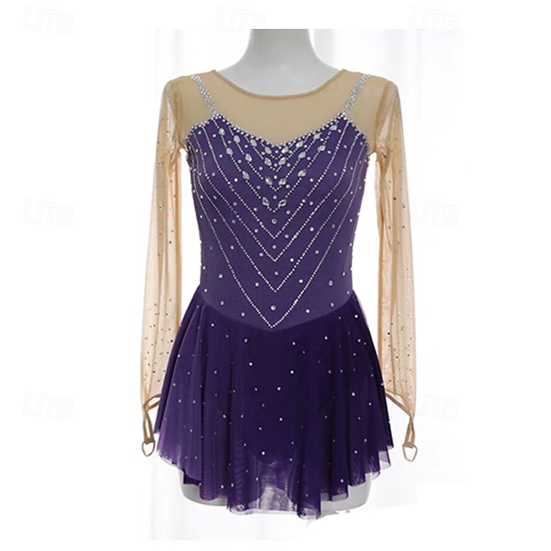 Figure Skating Dress Women's Girls' Ice Skating Dress Violet Patchwork Thumbhole Mesh Spandex Stretchy Training Practice Professional Skating Wear Thermal Warm Crystal / Rhinestone Long Sleeve Ice 2025 - $161.99 –P1