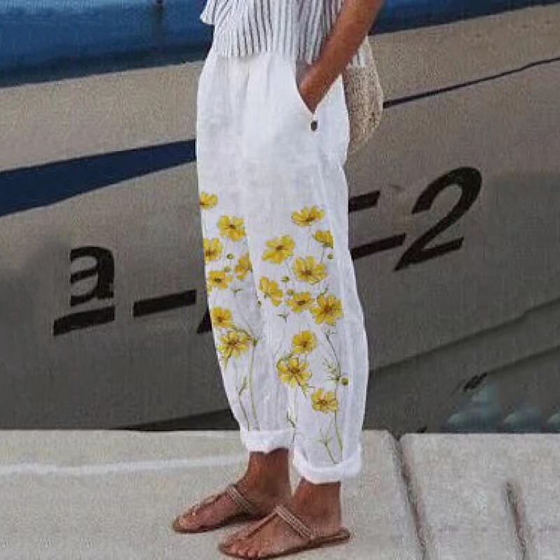 Women's Cotton Linen Pants Palazzo Pants Fashion Streetwear Comfort Ankle-Length Mid Waist Flower / Floral Pocket Elastic Waist Comfy Outdoor Comfortable Street Daily Wear Going out Cold White White 2025 - $27.99 –P7