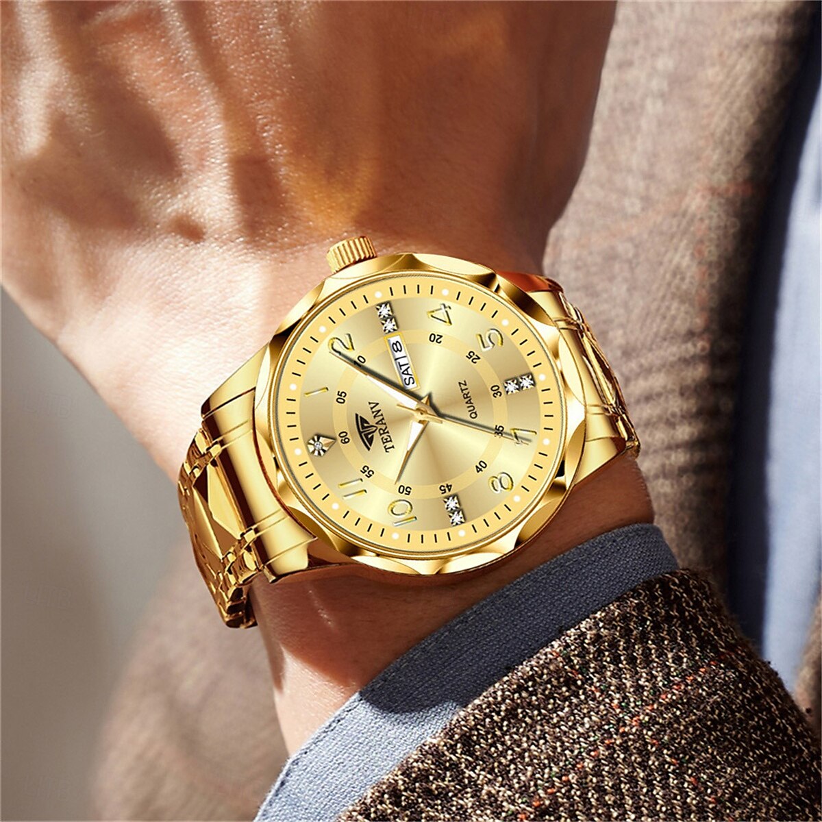 Orologio da Uomo alla Moda al Quarzo Quadrante Digitale a Rombo Doppio Calendario Luminoso Orologio Impermeabile in Acciaio con Decorazione di Strass Orologio da Affari del 2025 a $31.99 –P6