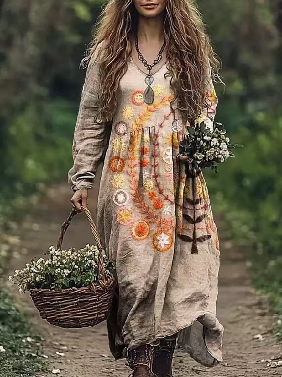 Damskie Długa sukienka sukienka maxi Codzienne sukienki Letnie sukienki Sukienka Boho Plemienny Urlop Codzienny Regularny Kwiaty Długi rękaw W serek Czarny Rumiany róż Burgundowy Niebieski Lato 2025 - $22.99 –P4