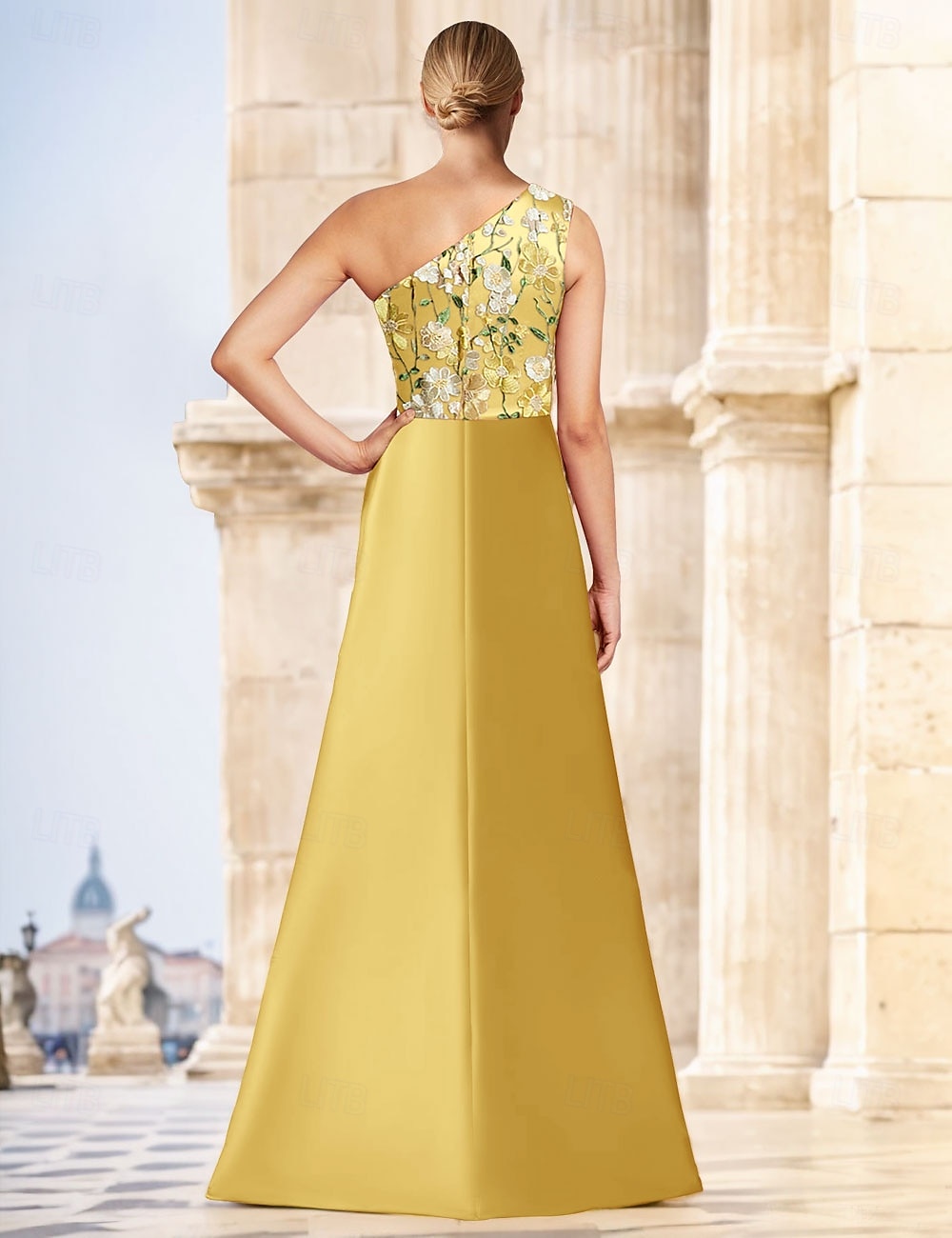 Yellow Floral Column Evening Gown Elegant Dress Formal Wedding Floor Length Sleeveless One Shoulder Satin with Slit Embroidery Appliques 2025 2025 - $137.99 –P2