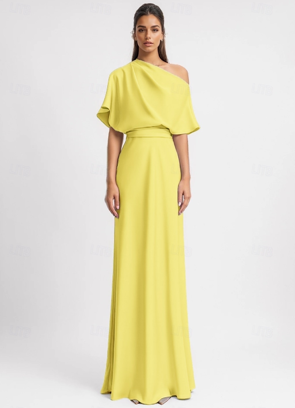 Abito da Sera A-Line Giallo Abito Elegante Formale Lunghezza PAVIMENTO Manica 3/4 Spalla Unica Con Tasche Stretch Crepe con Plissettature del 2025 a $109.99 –P2