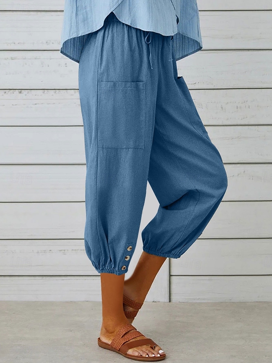 Kvinne Capri Bukser Enfarget Chinos Motetrend Etnisk Stil Basic Knelang Høy Midje Vanlig Lomme Snor Komfort Utendørs Mikro-elastisk Ferie Gate Daglig Svart Hvit Khaki Lyseblå 2025 - $19.99 –P13