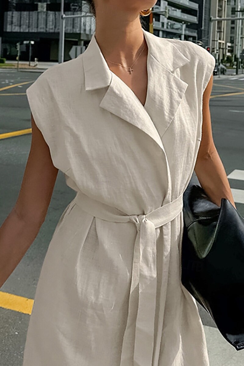 Femmes Robe Midi Robe Chemise Robe en coton et lin Moderne Quotidien Sortir Week-end Coupe régulière Uni Sans manches Col de chemise Kaki Été de 2025 ? $38.99 –P10