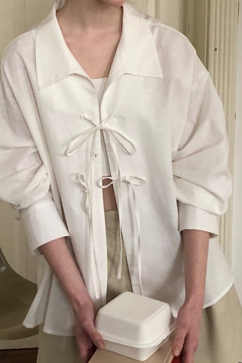Femmes Chemise Boutonner Chemise en coton et lin Uni Rayé Élégant Moderne manche longue Col de chemise Hauts Réguliers Fête Sortir Nœud devant Blanche Bleu Bleu clair Été de 2025 ? $41.99 –P5