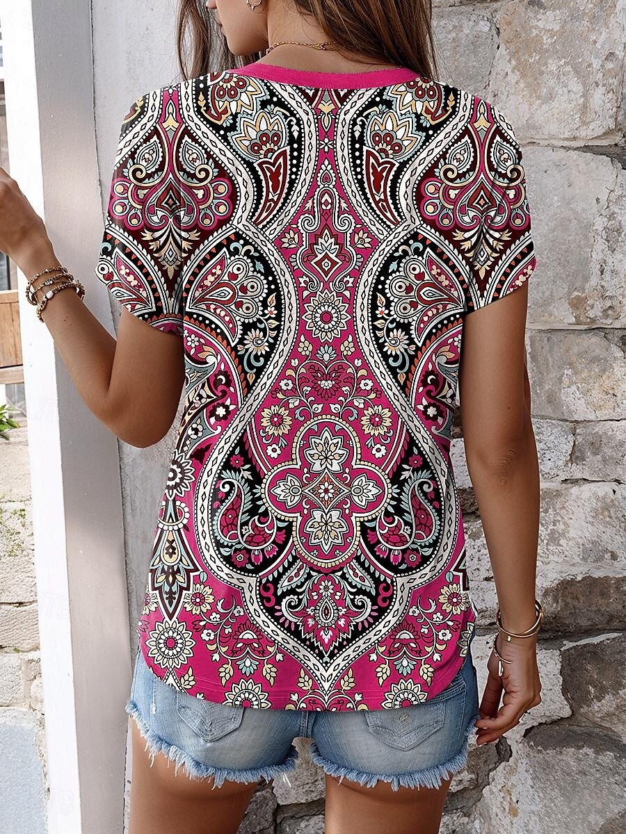 Femmes T-shirt Graphique Tribal Élégant Occasionnel Boho Manche Courte Col en V Hauts Réguliers Quotidien Imprimé Bleu Fuchsia Vert Été Printemps de 2025 ? $24.99 –P2