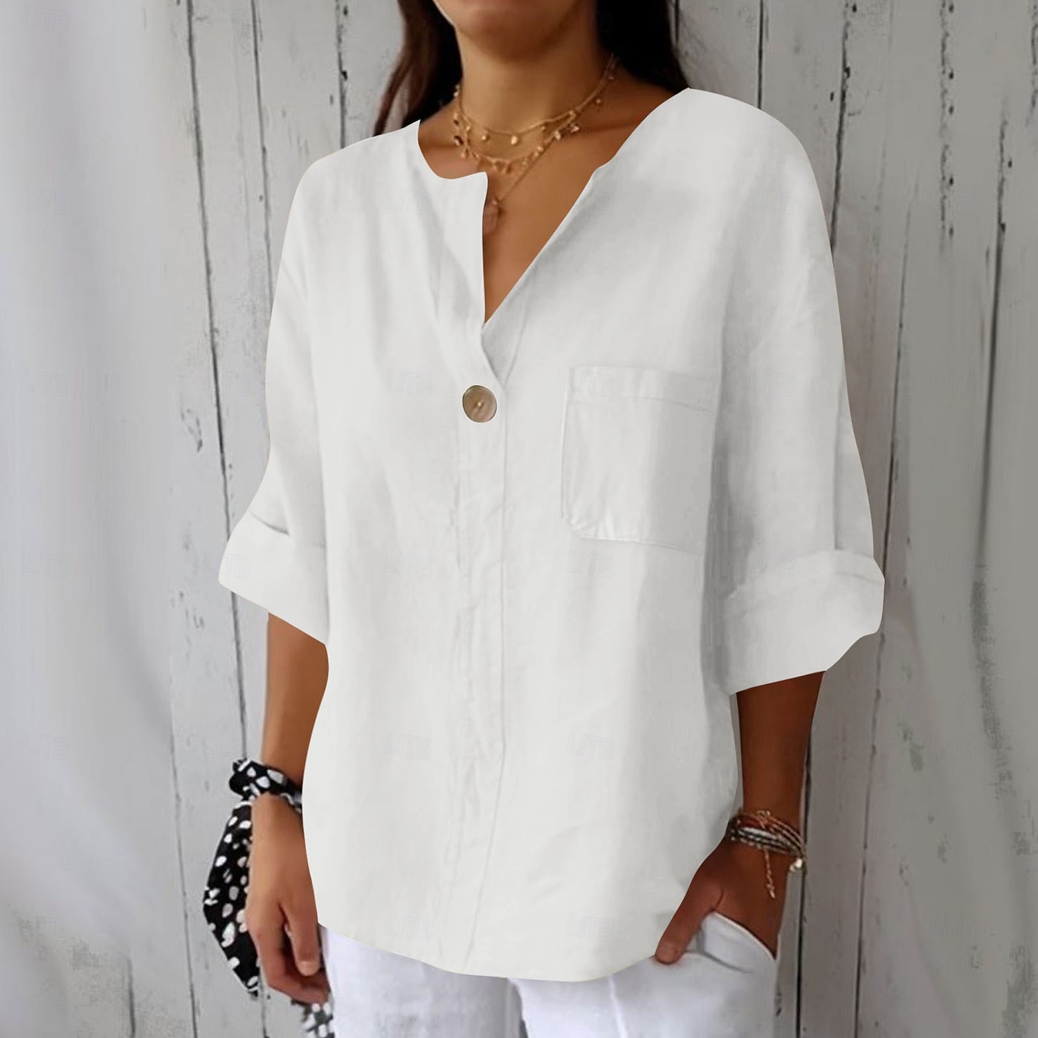 Women's Cotton Linen Blouse Solid Color Elegant Stylish Casual 3/4 Length Sleeve V Neck Regular Tops Daily Holiday Buttons Black White Pink Blue Beige Summer Spring 2025 - $17.99 –P8