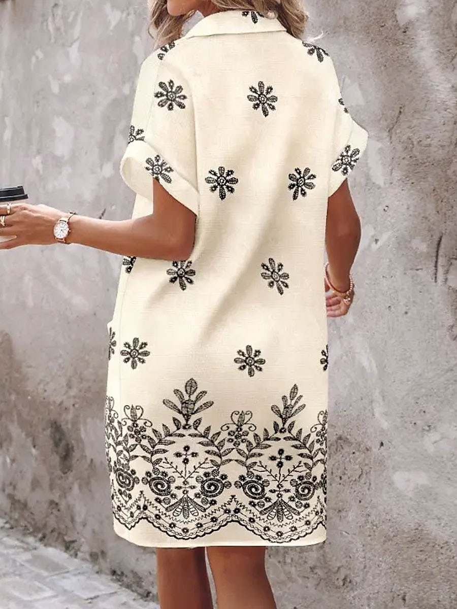 Damen Minikleid Shiftkleid Sommerkleid Lässig Täglich Normale Passform Blumen Grafik Kurzarm Revers Beige Sommer 2025 - $36.99 –P2
