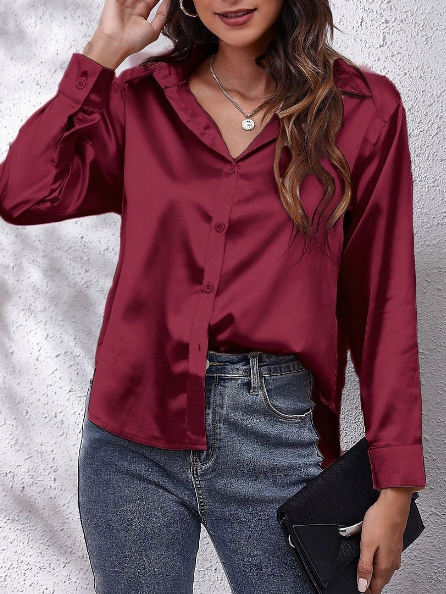 Dames Overhemd Effen Kleur Bloemig Effen Stijlvol Modern Casual Lange mouw Overhemdkraag Normale tops Dagelijks Knop Zwart Wit Blozend Roze Wijn Marine Blauw Zomer Lente 2025 - $14.99 –P8