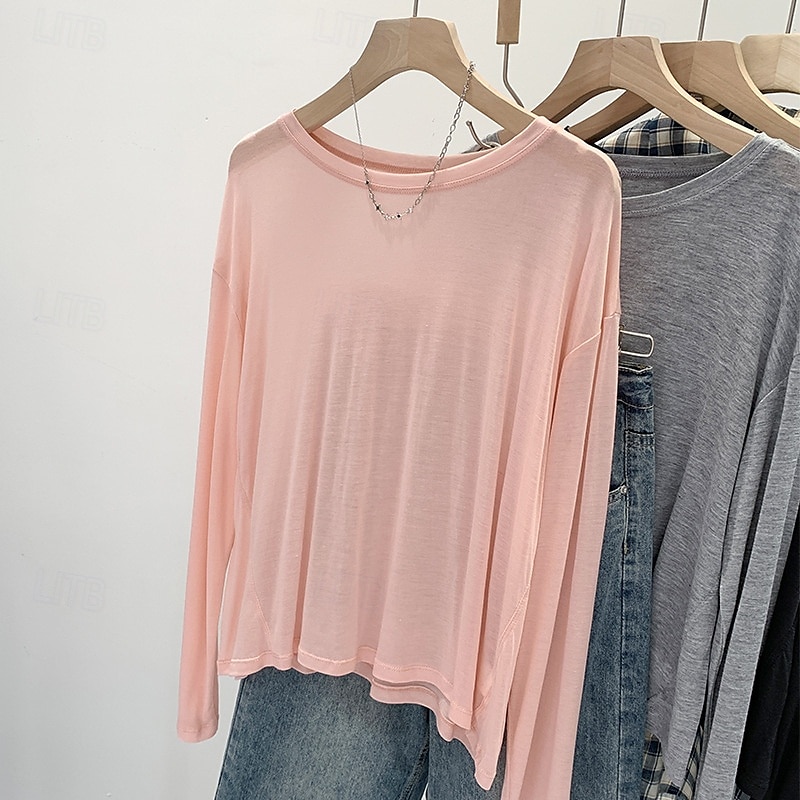 Women's T Shirt Plain Modern Casual Long Sleeve Crew Neck Regular Tops Daily Going out Black White Pink Blue Gray Summer 2025 - $16.49 –P5