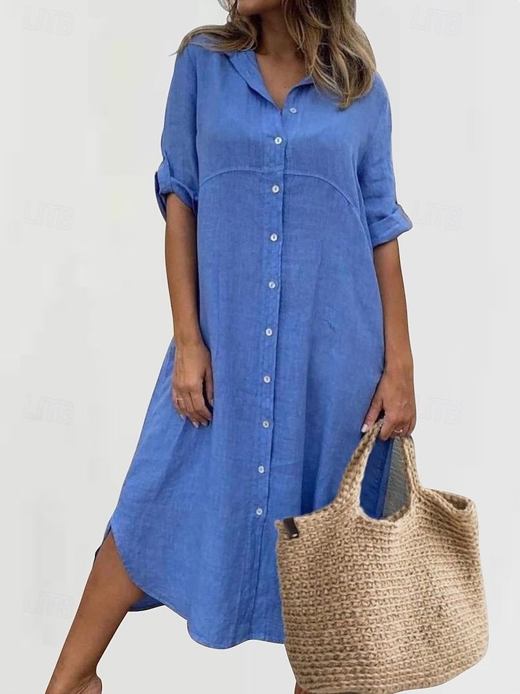 Per donna Abito Midi Abiti ispirati al lino Abito Camicia Abito in cotone e lino Moda Classico Quotidiano Uscire Weekend Vestibilità regolare Semplice Manica Lunga Colletto a Camicia Nero Blu Verde del 2025 a $22.99 –P9