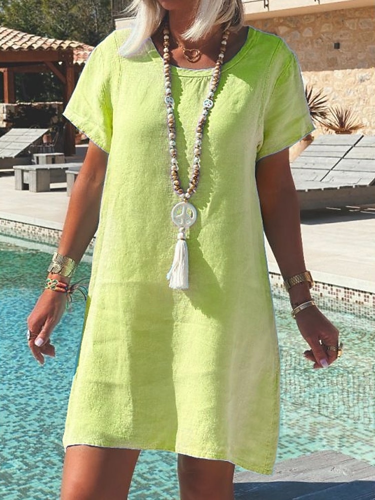 Women's Long Dress Maxi Dress Faux Cotton Linen Shift Dress Modern Daily  Loose Fit Pure Color Short Sleeve Crew Neck Neon Green White Pink Purple  Summer 2026 - kr.219