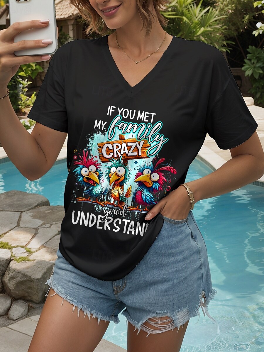 Dame Bluse Grafisk Fugl Bokstaver Årgang Stilfull Klassisk Kortermet V-hals Vanlige topper Daglig Ut på byen Strand Klær Trykt mønster Svart Hvit Sommer Vår 2025 - $24.99 –P1