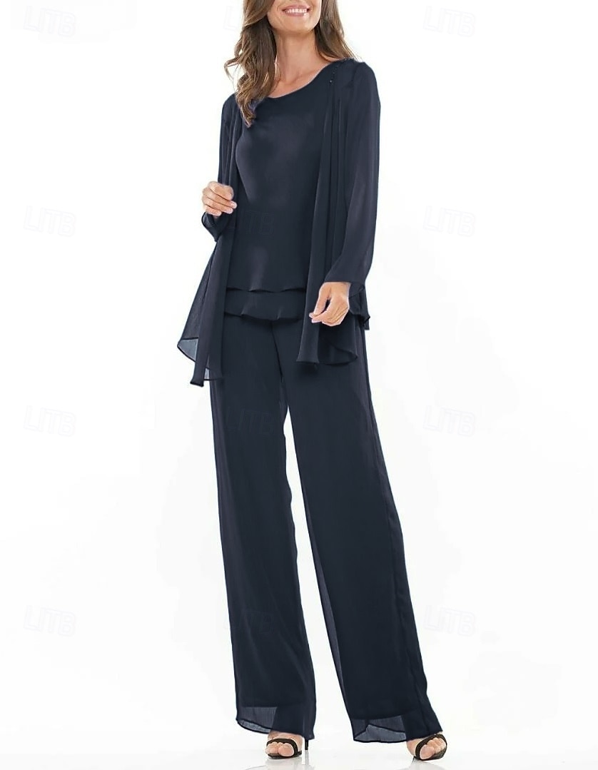 Terno azul roxo com calça, vestido de mãe da noiva, 3 peças, elegante, gola redonda, comprimento até o chão, chiffon, manga comprida, incluso com bordado em renda 2025 de 2025 por $136.99 –P3