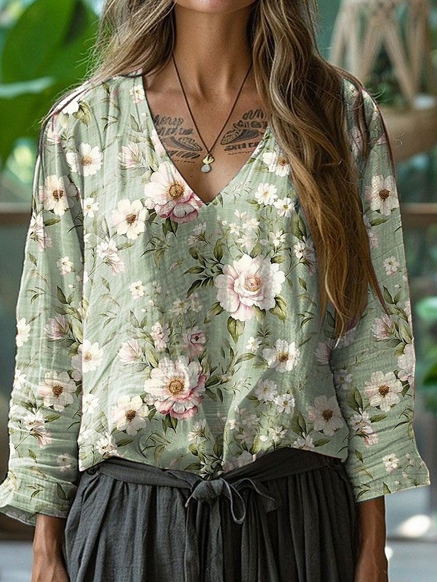 Dame Bluse Blomstret Grafisk Stilfull Fritid 3/4 ermer V-hals Vanlige topper Daglig Rosa Blå Grønn Sommer Vår 2025 - $24.99 –P2