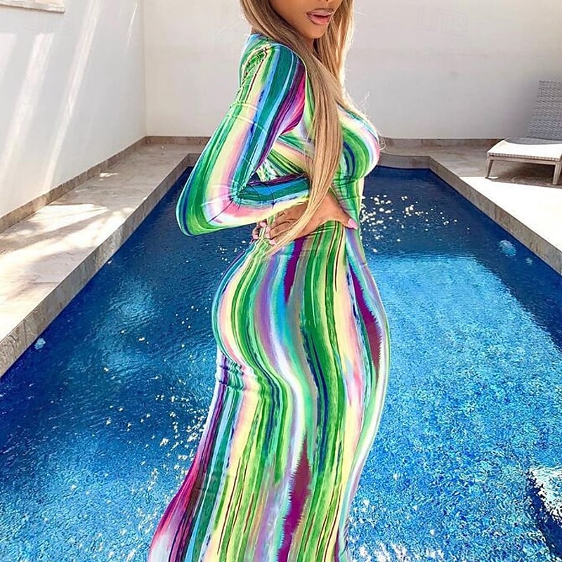 Per donna Abito Lungo Maxi Abito Vestito Casual Abito Boho Moda Moderno All'aperto Ferie Data Vestibilità regolare A righe Manica Lunga Scollo a V profondo Arancione Verde Grigio Estate Primavera del 2025 a $23.99 –P5