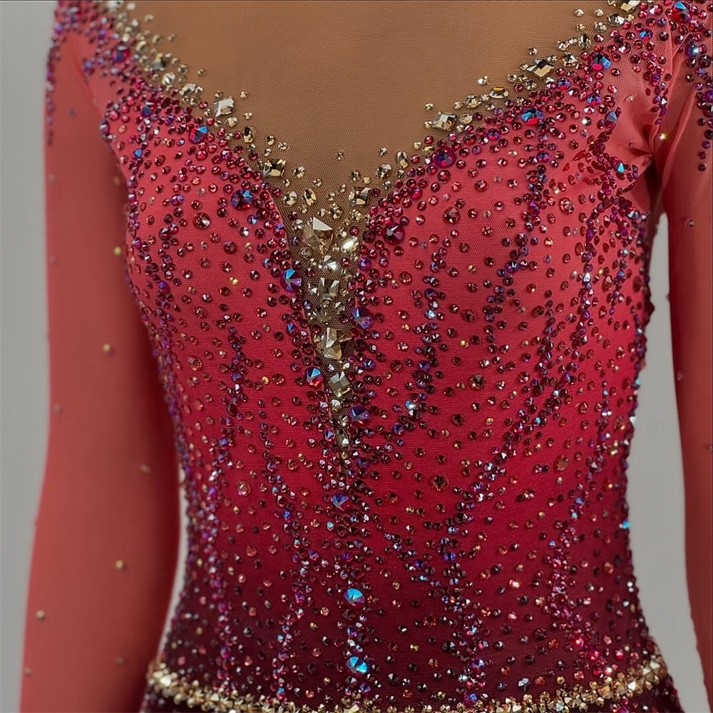 Kunstschaatsjurk Dames Voor meisjes Schaatsen Jurken Zwart / rood Duimopening Asymetrische zoom Netstof Hoge Elasticiteit Opleiding Wedstrijd Kunstschaatskleding Klassiek Kristal / Bergkristal Lange 2025 - $189.99 –P4