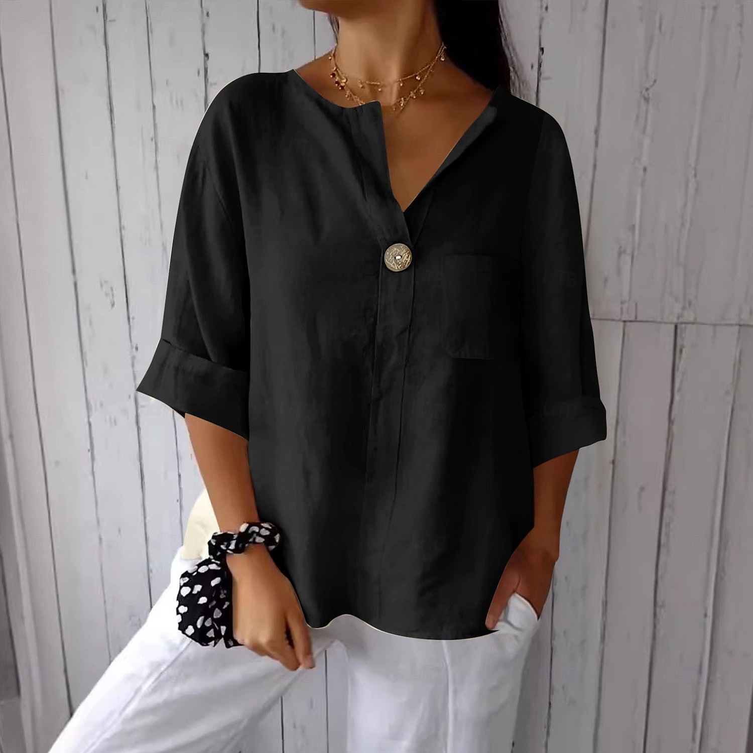 Women's Cotton Linen Blouse Solid Color Elegant Stylish Casual 3/4 Length Sleeve V Neck Regular Tops Daily Holiday Buttons Black White Pink Blue Beige Summer Spring 2025 - $17.99 –P9
