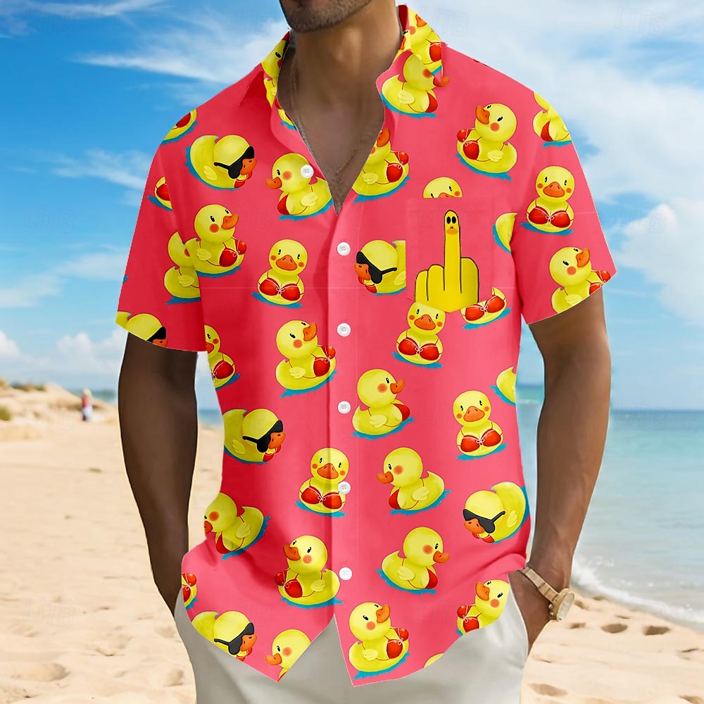 Herren Tiermotiv Lustig Ente Hemd Sommer Hawaiihemd Knopfhemd Kurzarm Hawaiianisch Urlaub Ferien Strandbekleidung Sommer Umlegekragen 3D-Druck Eine Tasche vorne Leinenähnliches Hemd Rote Blau Orange 2025 - $23.99 –P5