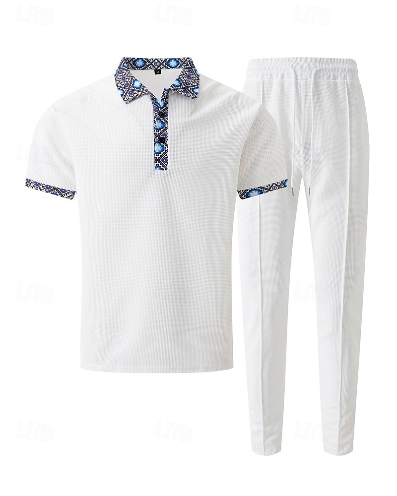 Voor heren Wafel Shirt T-shirt past Shirt- en broeksets 2 stuks outfits Korte mouw Revers Zomer Kleurenblok Modieus Casual Lapwerk 2-stuks Vakantie Alledaagse kleding Uitgaan Zwart Wit Koningsblauw 2025 - $40.99 –P18