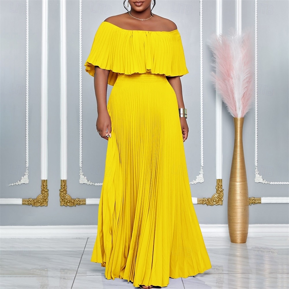 Robe A-Line robes de quinceanera élégante robe mariage invitée de mariage longueur sol manches courtes épaules dénudées polyester sans dos avec plis de 2025 ? $89.99 –P1