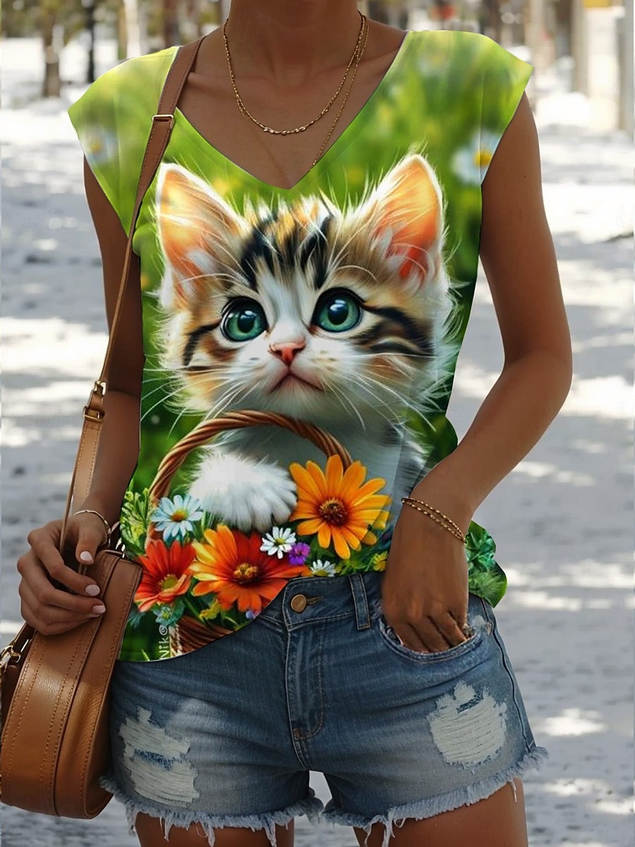 Dame Skjorte Bluse Blad Katt Stilfull Fritid Ermeløs Med stropper Vanlige topper Daglig Trykt mønster Gul Lysebrun Blå Grønn Sommer Vår 2025 - $17.99 –P4