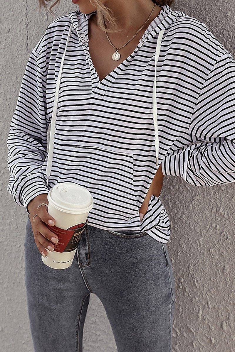Dames Blouse Gestreept Casual Lange mouw Capuchon Normale tops Dagelijks Uitgaan Zak Wit Bruin Zomer 2025 - $19.49 –P5