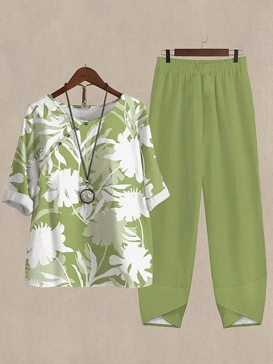 Ensembles de t-shirt et pantalon 2 pièces pour femmes manches courtes col rond floral graphique motif géométrique vacances quotidien week-end vert été coupe ample de 2025 ? $44.99 –P1
