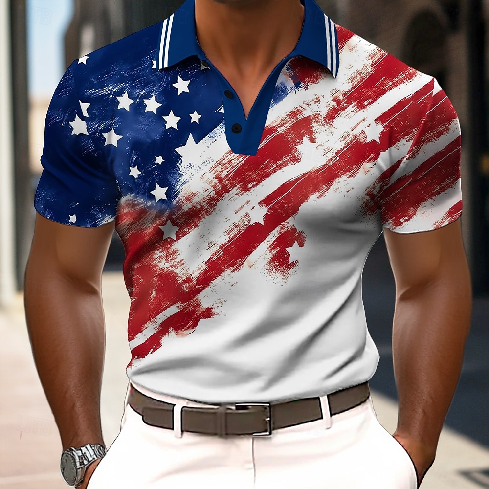 American Independence Day Men's American US Flag Polo Short Sleeve Polo Shirts Collared Shirts Casual Outdoor Daily Wear 3D Print Summer White Blue Dark Blue 2025 - $26.99 –P1