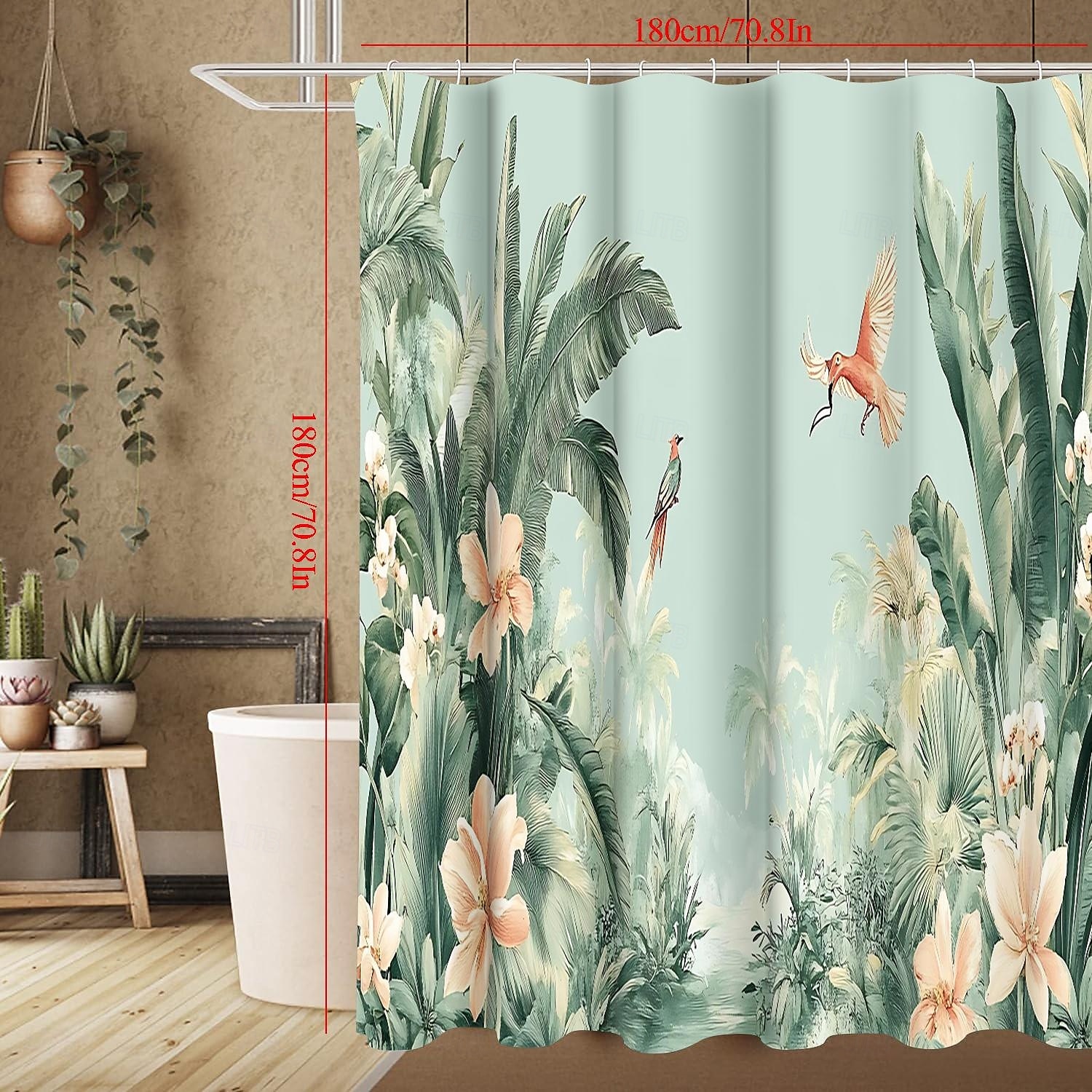 Sprchový závěs s 12 háčky 180 cm*180 cm (70"*70") polyesterový strojově pratelný voděodolný tropický vzor listů 2025 - $18.49 –P6