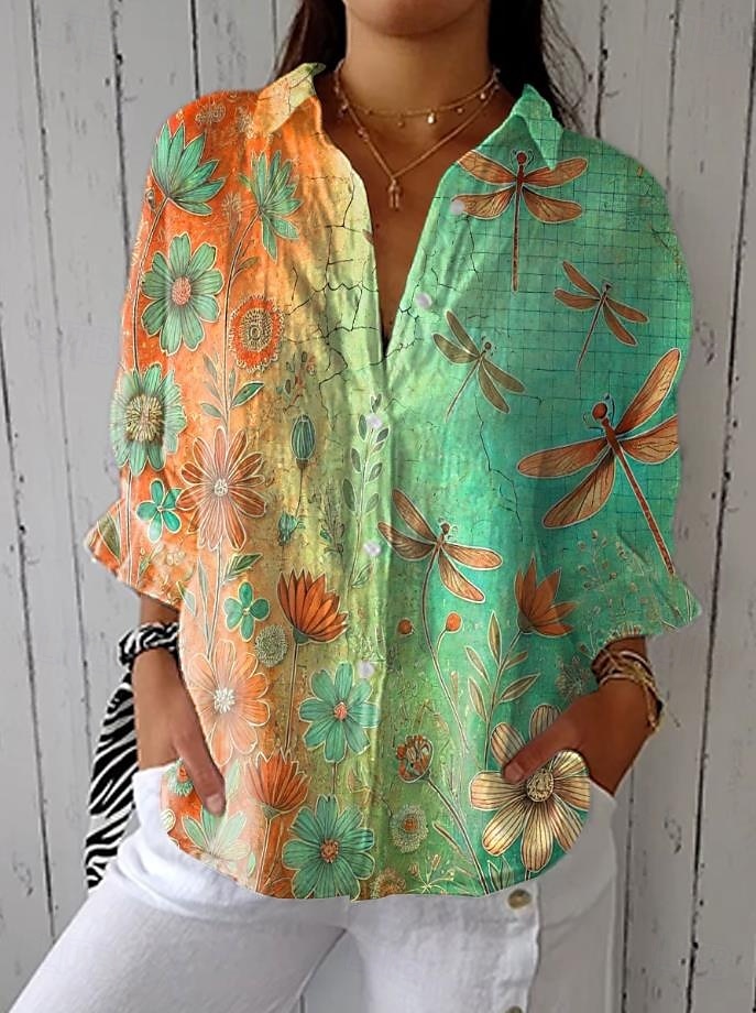 Camicia da donna in lino, camicetta, floreale, grafica, elegante, casual, a maniche lunghe, colletto, normale, top, quotidiano, vacanza, uscite, bottoni, blu cielo, azzurro, viola, verde, estate, del 2025 a $32.99 –P4