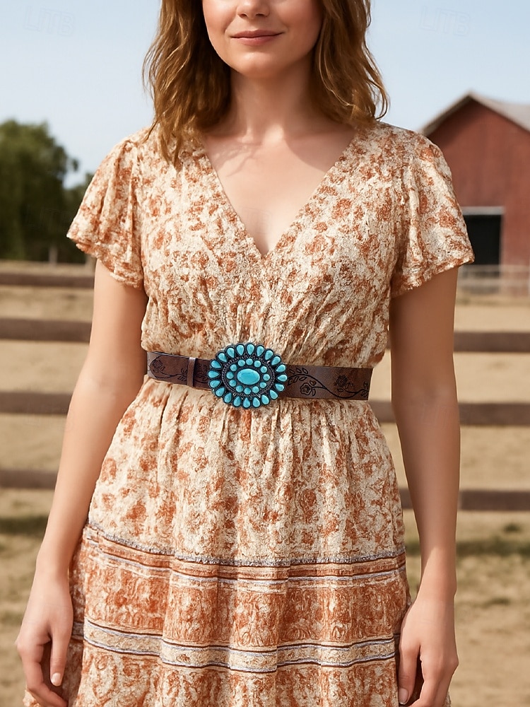 حزام نسائي غربي فيروزي اللون - حزام خصر من الجلد الصناعي منقوش بالورود للروديو والمهرجانات وأزياء البوهو والملابس الكاجوال 2025 - $18.99 –P3