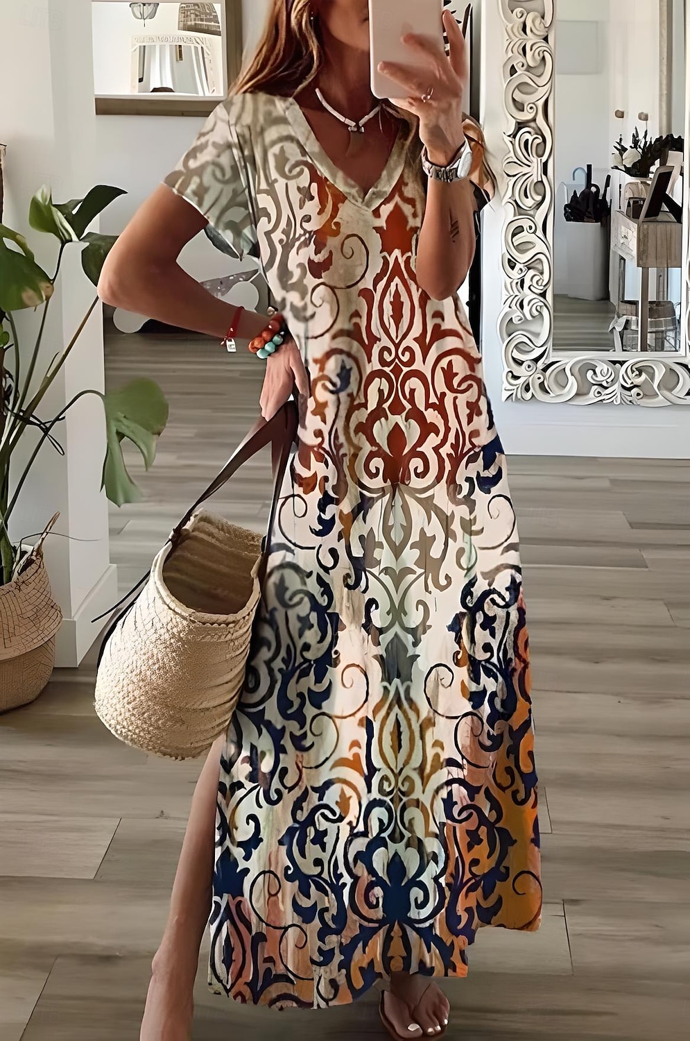 Damen Maxikleid Sommerkleid A Linie Kleid Urlaub Lässig Boho Ausgehen Strand Lässiger Schnitt Blumen Grafik Geometrisch Kurzarm V Ausschnitt Leicht Braun Blau Himmelblau Grau Sommer Frühling 2025 - $28.99 –P2