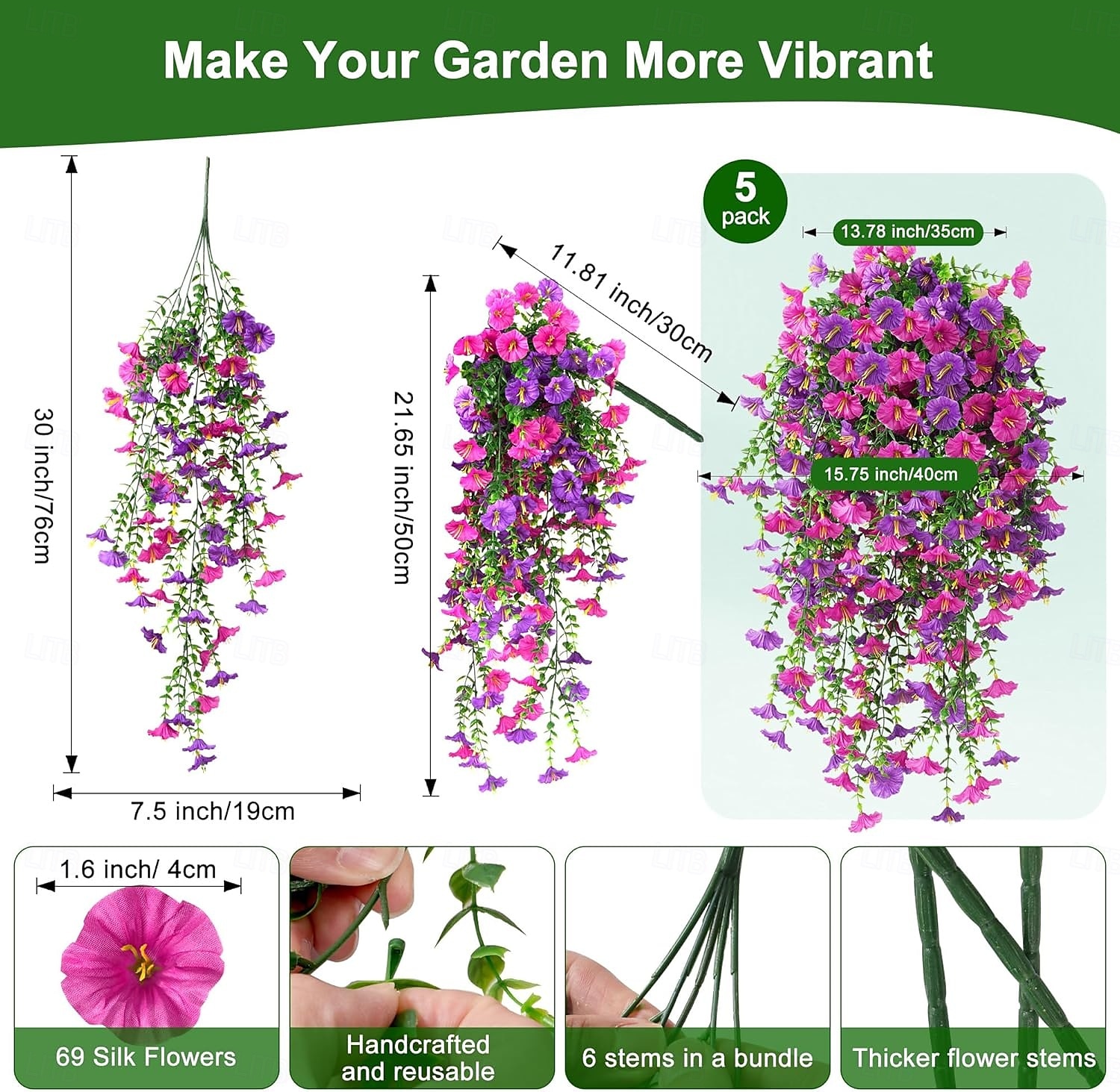 5ks umělých závěsných svlačecových květin pro venkovní UV odolné umělé petúnie realistické falešné hedvábí dlouhé liány svlačec eukalyptus pro venkovní vnitřní květináč veranda terasa domácí dekorace mix 2026 - $27.99 –P6