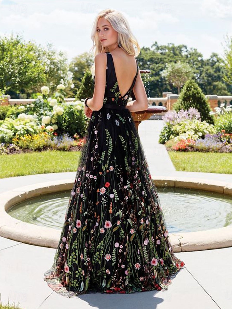 A-line quinceanera šaty elegantní šaty svatební šaty pro svatební hosty dlouhé šaty bez rukávů výstřih do V polyester bez zad s květinovým potiskem kde jsou sklady 2025 - $79.99 –P2
