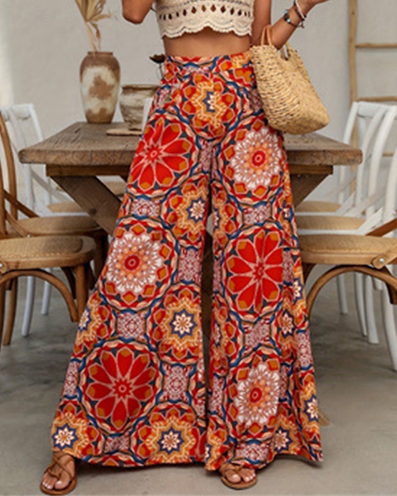 Mulheres Perna larga Calça larga Calças Férias Boho Comprimento total Cintura Alta Flor Cintura elástica Respirável Confortável Micro-Elástica Rua Roupa Diária Para Noite Laranja Verão Normal de 2025 por $19.99 –P1