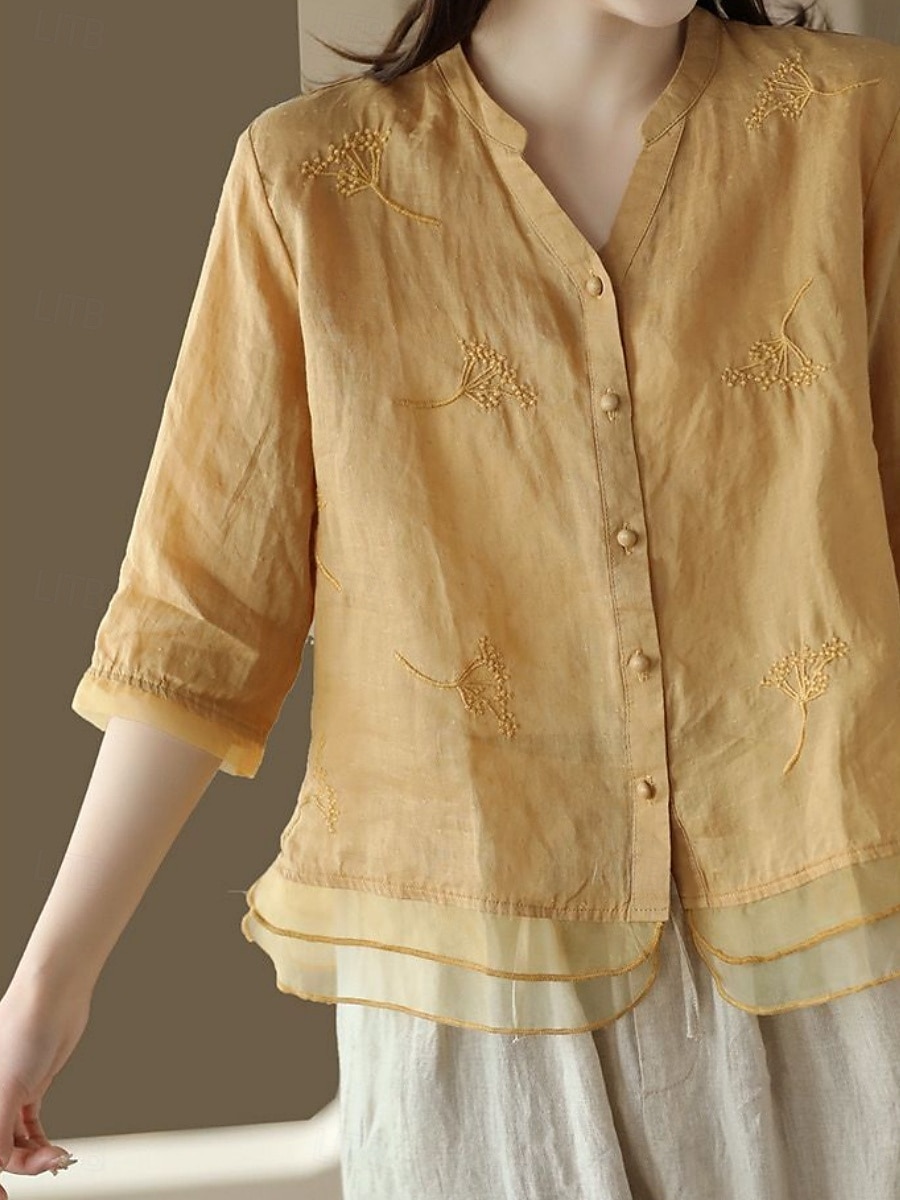 Women's Shirt Solid Color Basic Casual 3/4 Length Sleeve Shirt Collar Regular Tops Daily Mesh Patchwork Buttons White Yellow Pink Purple Summer 2025 - $22.99 –P5