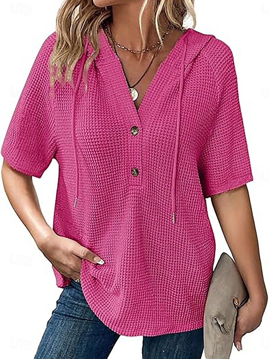 Per donna Blusa Semplice Essenziale Moderno Manica Corta Scollo a V Top Regolari Quotidiano Bottoni Nero Bianco Rosa Rosso Blu marino Estate del 2025 a $16.99 –P2