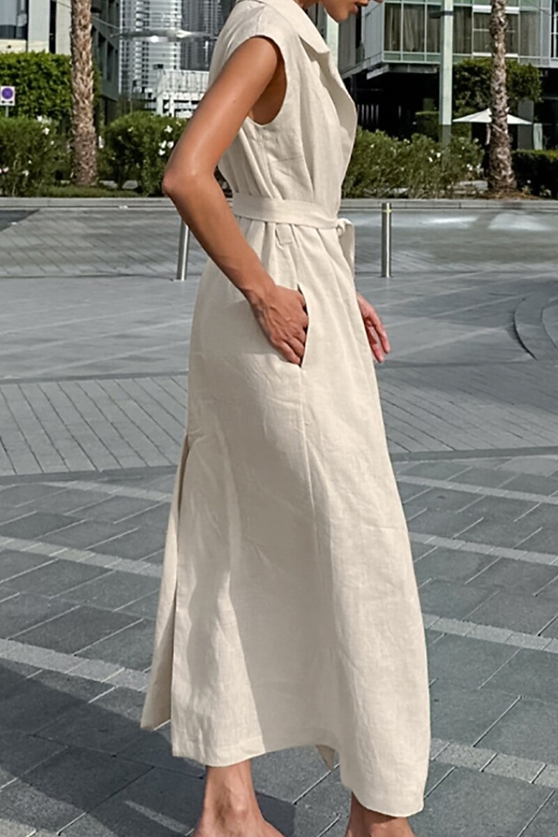 Femmes Robe Midi Robe Chemise Robe en coton et lin Moderne Quotidien Sortir Week-end Coupe régulière Uni Sans manches Col de chemise Kaki Été de 2025 ? $38.99 –P7