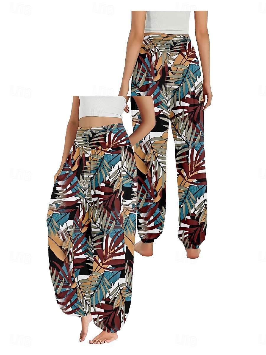 Per donna Pantaloni ispirati al lino Gamba larga Pantaloni Stile Etnico Casual Boho Lunghezza intera Vita Alta Floreale Foglia Tropicale Tasca Elastico in vita Stampa Traspirabilità Morbido del 2025 a $21.99 –P9