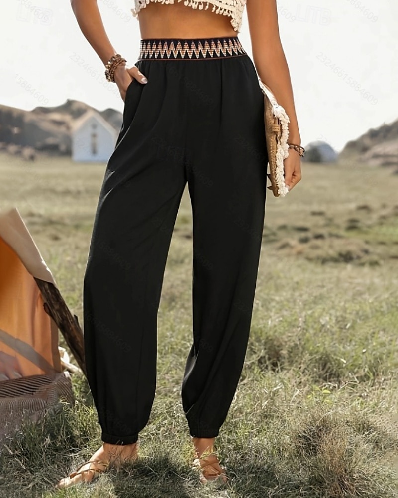 Pentru femei Pantaloni Casual Boho Lungime totală Natural Floare Peteci Talie elastică Exterior Comfortabil Stradă Ieșire Negru Vară Fit regulat 2025 - $19.99 –P4