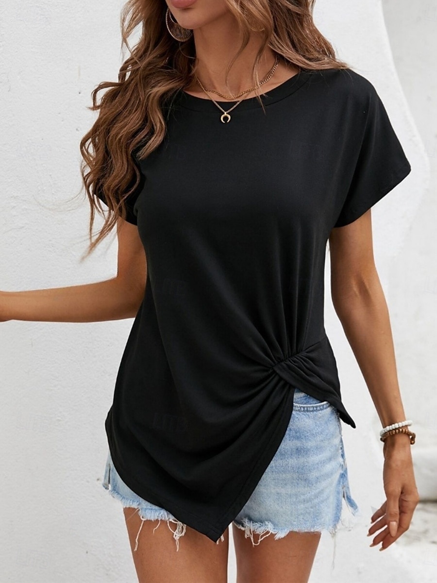 T-shirt femme de couleur unie Uni Mode Classique Décontracté Manches courtes Col rond Hauts réguliers Quotidien Week-end Asymétrique Noir Blanc Vert armée Bleu marine Été de 2025 ? $14.99 –P6